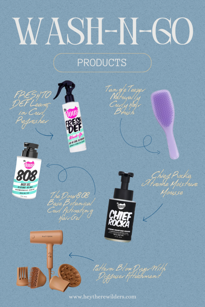 A "Wash-N-Go Products" graphic featuring The Doux Fresh To Def, 808 Gel, Chief Rocka Mousse, a Tangle Teezer brush, and a Pattern Blow Dryer with Diffuser, on a blue background with handwritten-style labels.